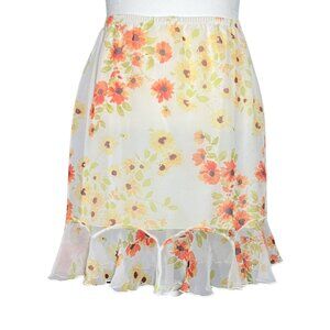 Vintage 90s Y2K White Orange Floral Ruffle Mini Skirt. L/XL. Fairycore Coquette